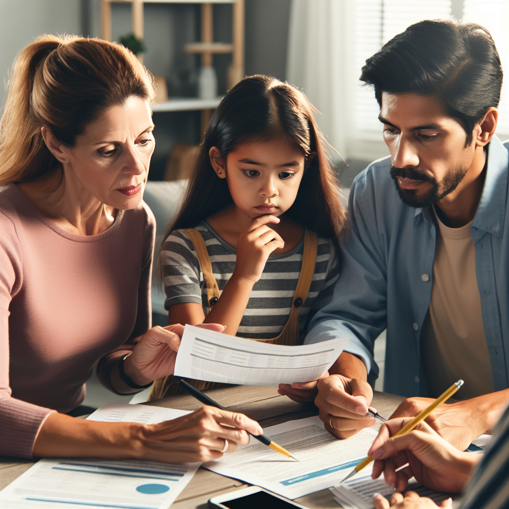Scene portraying a financial advisor and parents reviewing school expense plans together while referencing printed worksheets and a shared smartphone to ensure aligned decisions for children.