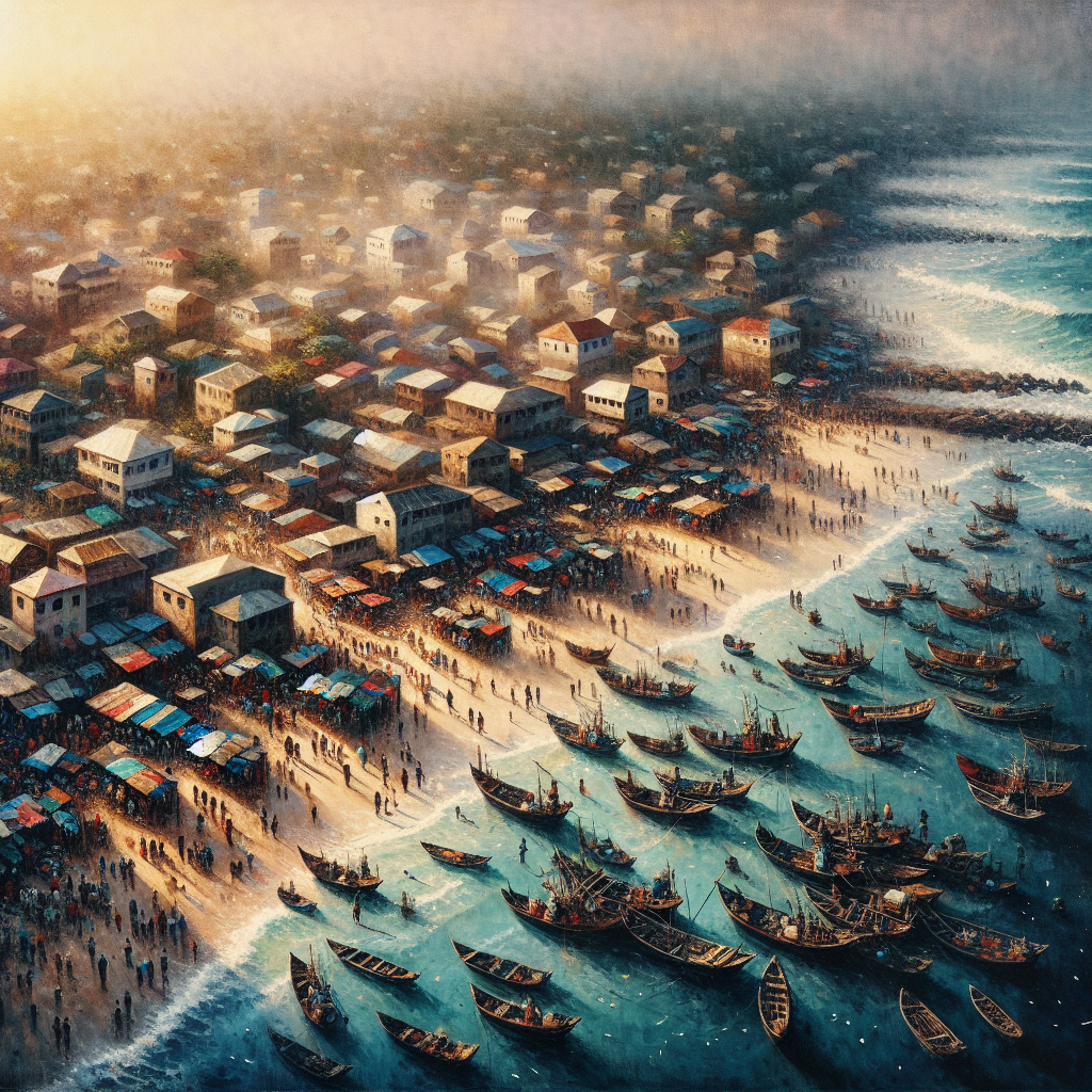 Aerial style artwork of Cape Coast shoreline with neighborhoods, market stalls, and fishing boats under soft light to capture everyday economic resilience and community interdependence.