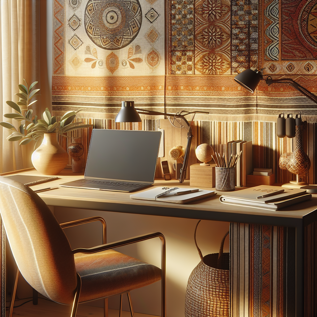Warm-toned photograph of a Cape Coast office desk with notebooks, a laptop, and local textiles that signal an inviting space for conversations about family finances and digital tools.