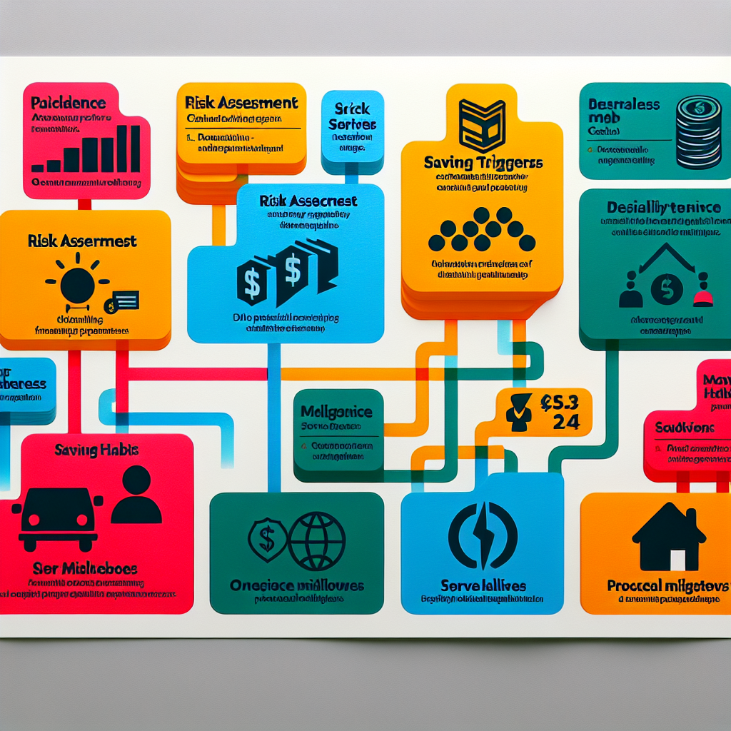 Diagram showing colored cards arranged on a table to visualize risk assessment, savings triggers, and service milestones for Ghanaian households building resilient financial habits.